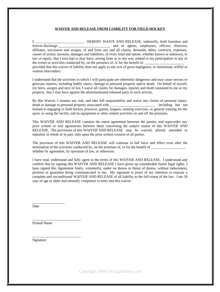 Waiver and Release From Liability For Adult for Field Hockey Preview on Page 1