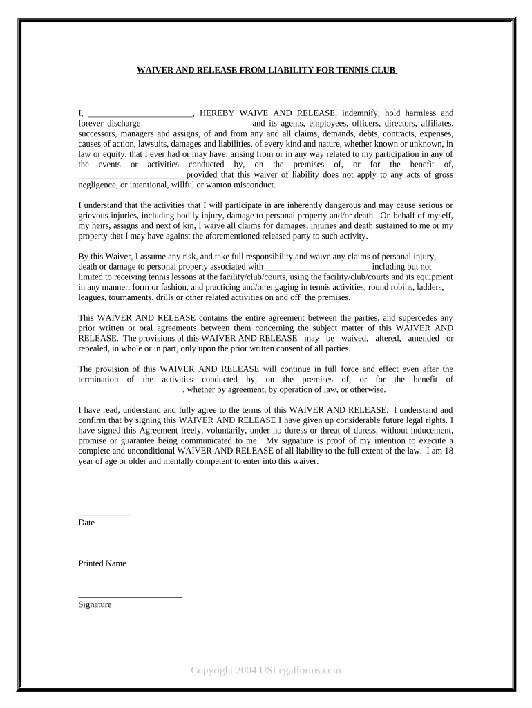 Waiver and Release From Liability For Adult for Tennis Club Preview on Page 1