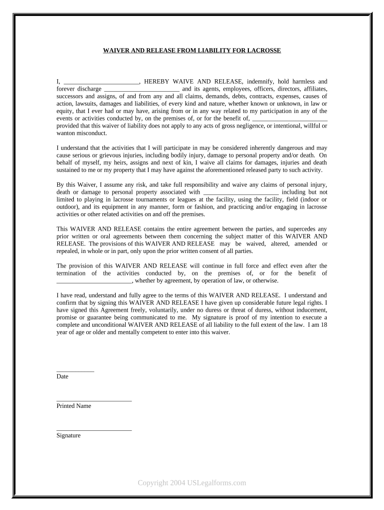 Waiver and Release From Liability For Adult for Lacrosse Preview on Page 1