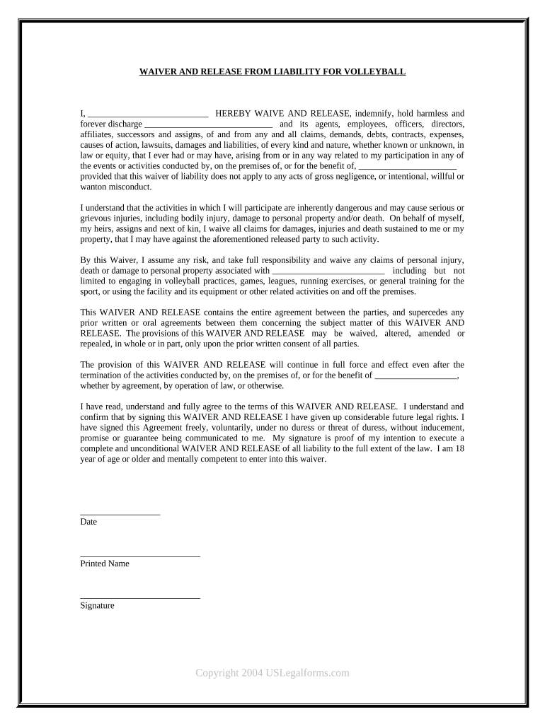 volleyball waiver form Preview on Page 1