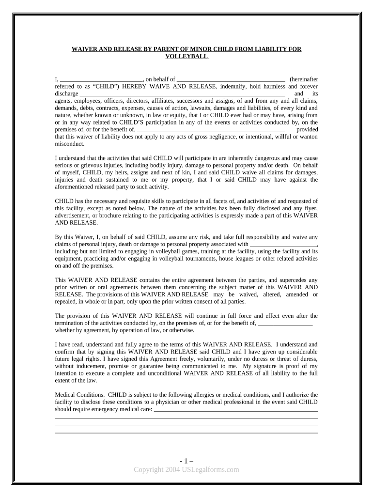 volleyball waiver form Preview on Page 1