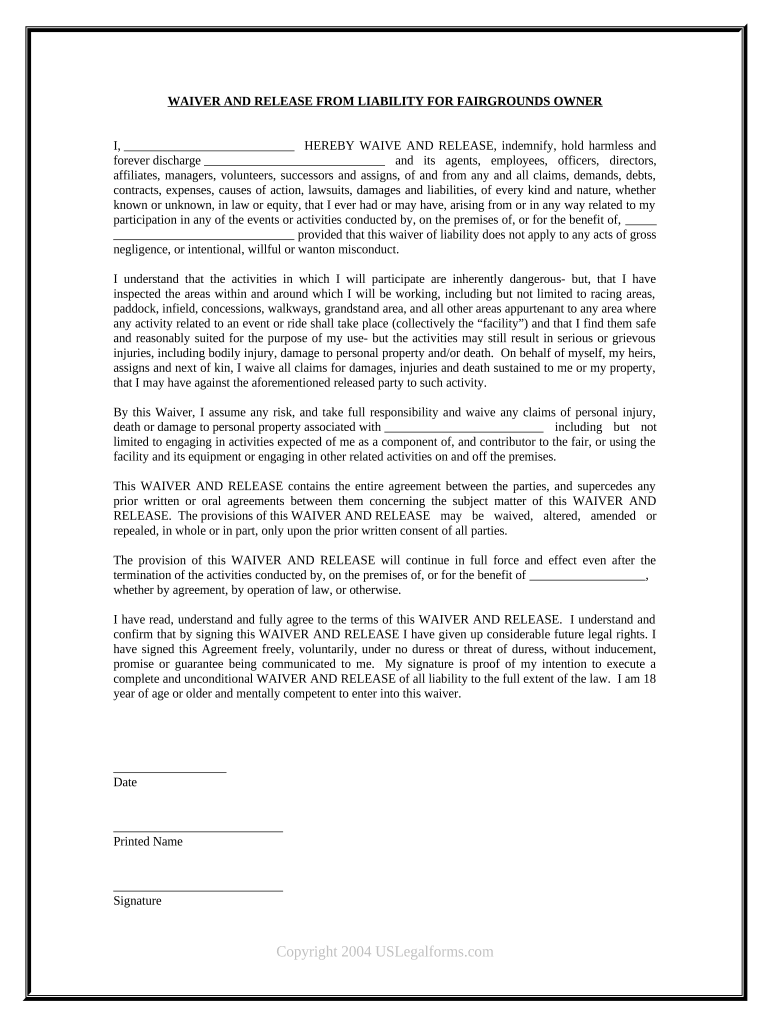 Waiver and Release From Liability For Adult for Fairgrounds Owner Preview on Page 1.