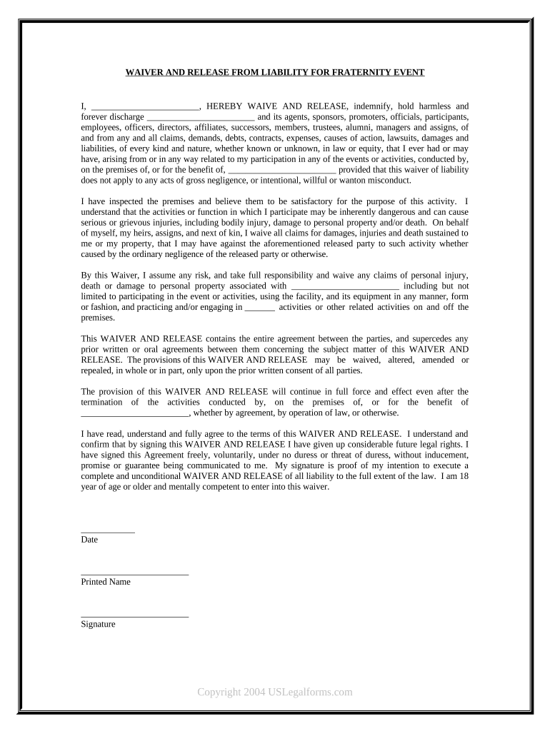 Waiver and Release From Liability For Adult for Fraternity Event Preview on Page 1