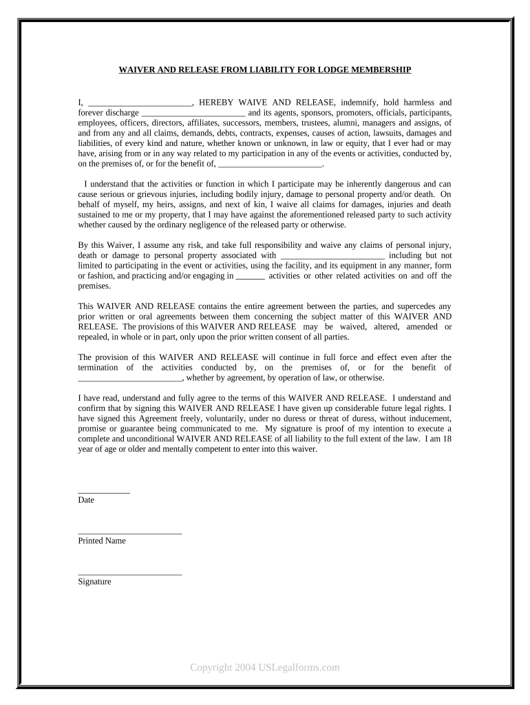 Waiver and Release From Liability For Adult for Lodge Membership Preview on Page 1