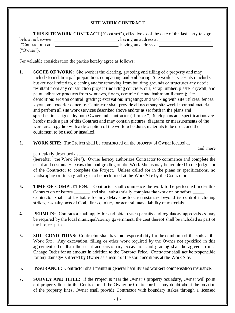 Site Work Contract for Contractor - Utah Preview on Page 1