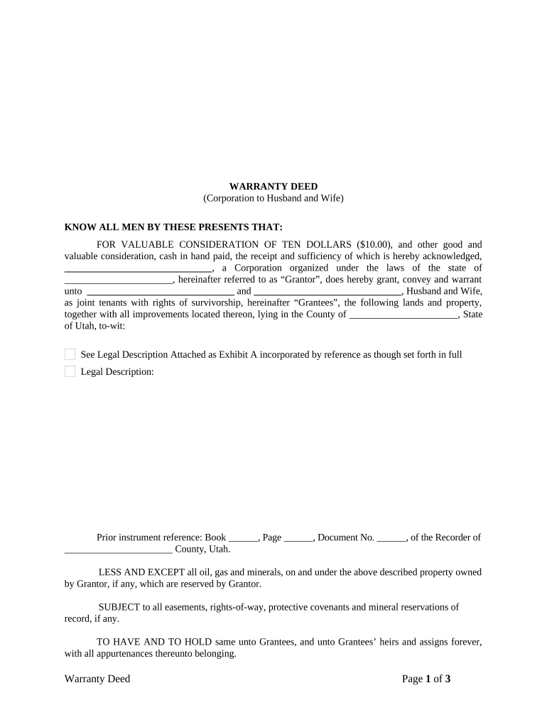 Warranty Deed from Corporation to Husband and Wife - Utah Preview on Page 1