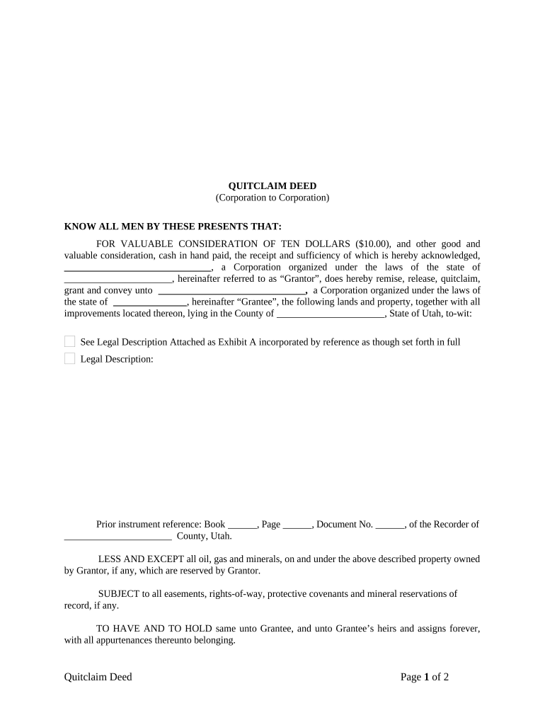 Quitclaim Deed from Corporation to Corporation - Utah Preview on Page 1