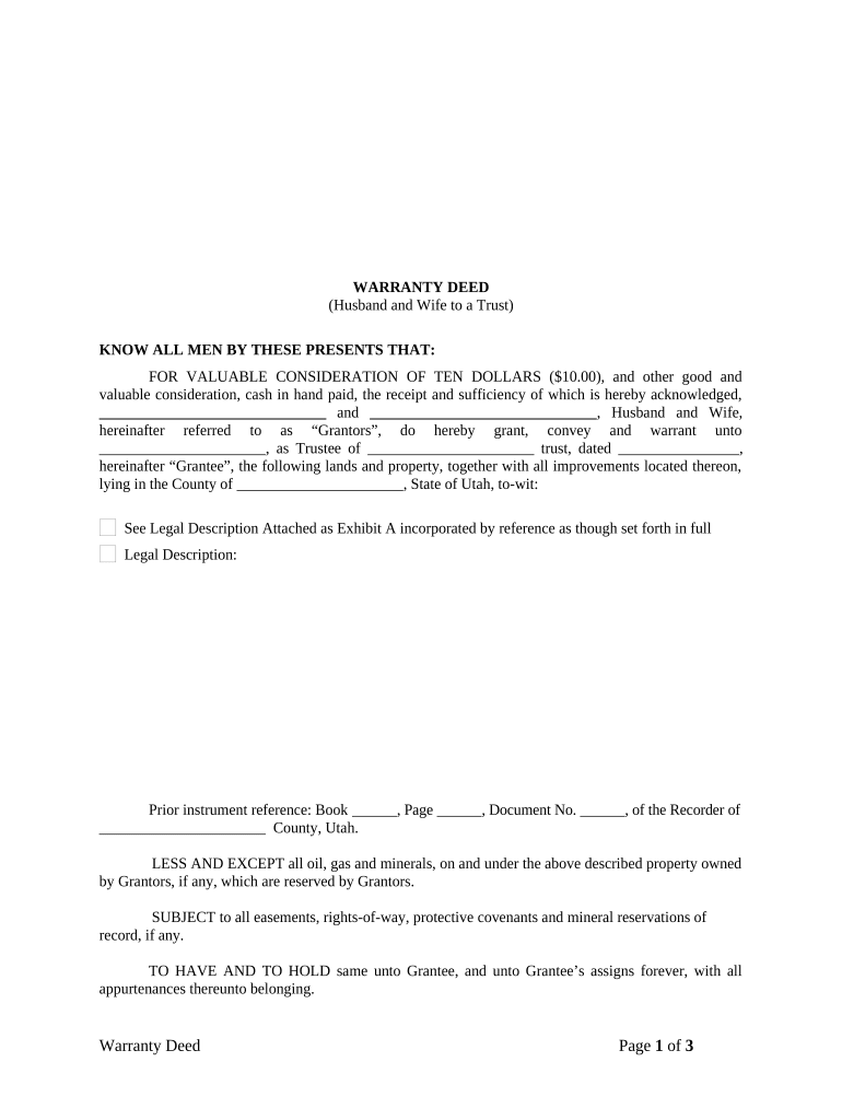 Warranty Deed from Husband and Wife to a Trust - Utah Preview on Page 1