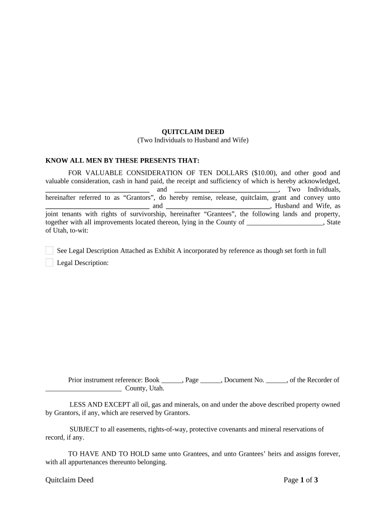 Quitclaim Deed by Two Individuals to Husband and Wife - Utah Preview on Page 1