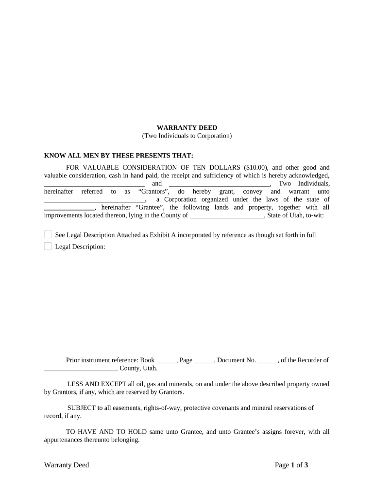 Warranty Deed from two Individuals to Corporation - Utah Preview on Page 1