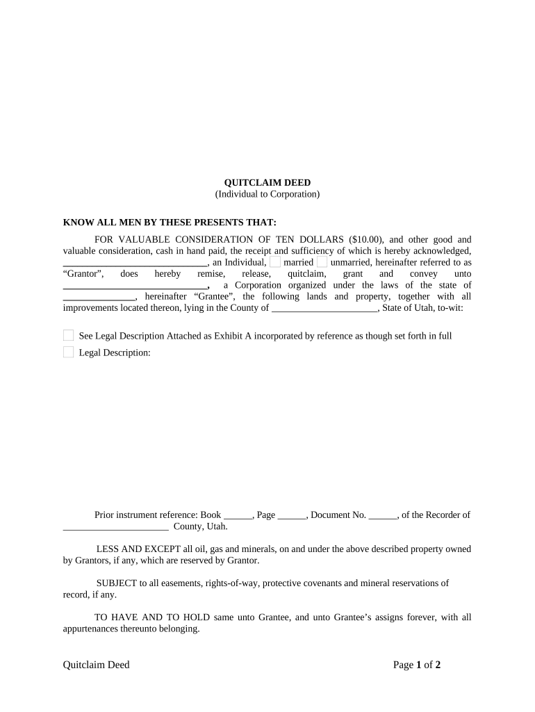 Quitclaim Deed from Individual to Corporation - Utah Preview on Page 1