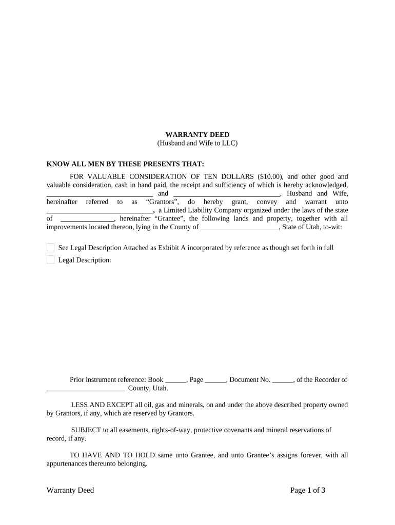 Warranty Deed from Husband and Wife to LLC - Utah Preview on Page 1