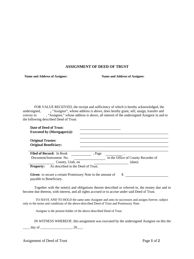 Assignment of Deed of Trust by Corporate Mortgage Holder - Utah Preview on Page 1