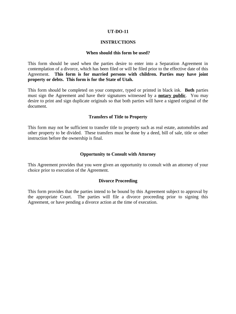 Marital Domestic Separation and Property Settlement Agreement Minor Children Parties May have Joint Property or Debts where Divorce Action Filed - Utah Preview on Page 1