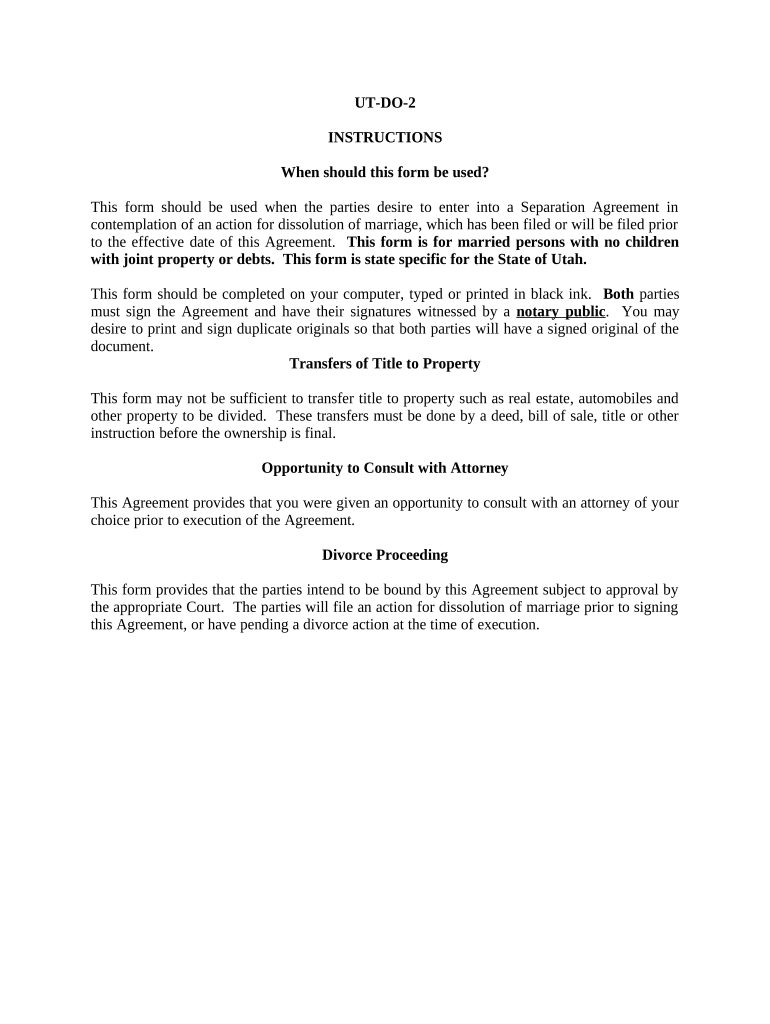 Marital Domestic Separation and Property Settlement Agreement no Children parties may have Joint Property or Debts where Divorce Action Filed - Utah Preview on Page 1