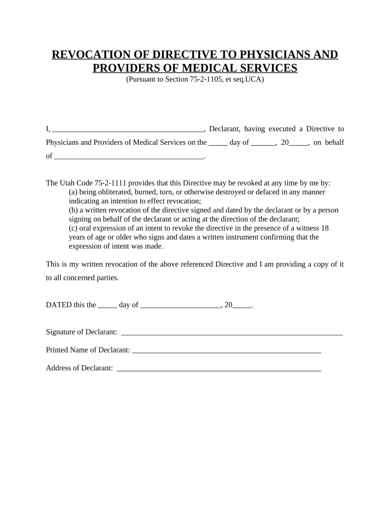 Revocation of Directive to Physicians and Providers of Medical Services - for Persons Signing Instrument on Behalf of Declarant - Utah Preview on Page 1