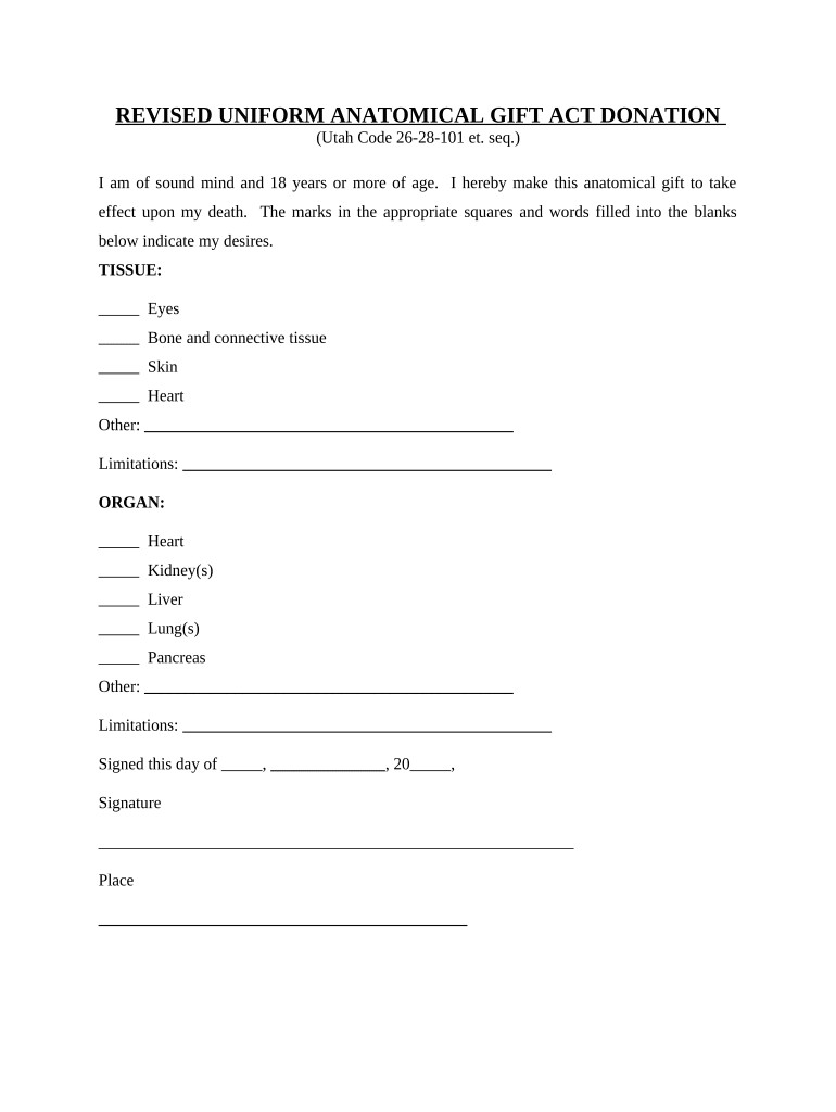 Revised Uniform Anatomical Gift Act Donation - Utah Preview on Page 1