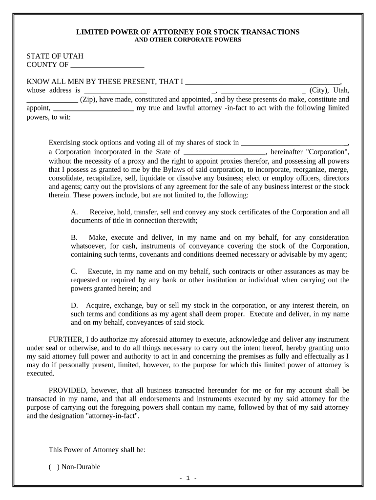 Limited Power of Attorney for Stock Transactions and Corporate Powers - Utah Preview on Page 1