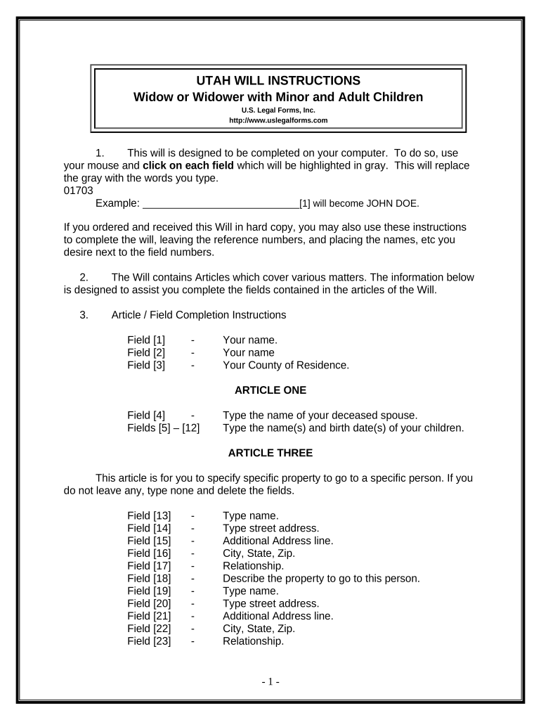 Legal Last Will and Testament Form for a Widow or Widower with Adult and Minor Children - Utah Preview on Page 1