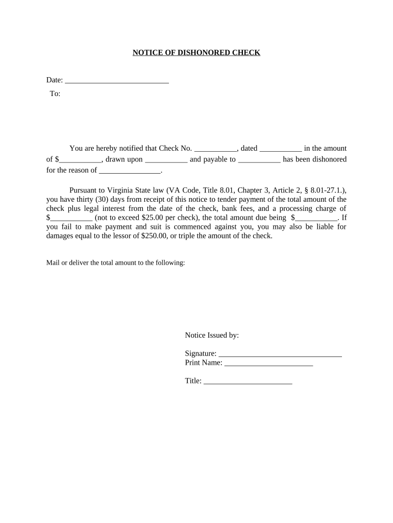 Notice of Dishonored Check - Civil - Keywords: bad check, bounced check - Virginia Preview on Page 1.