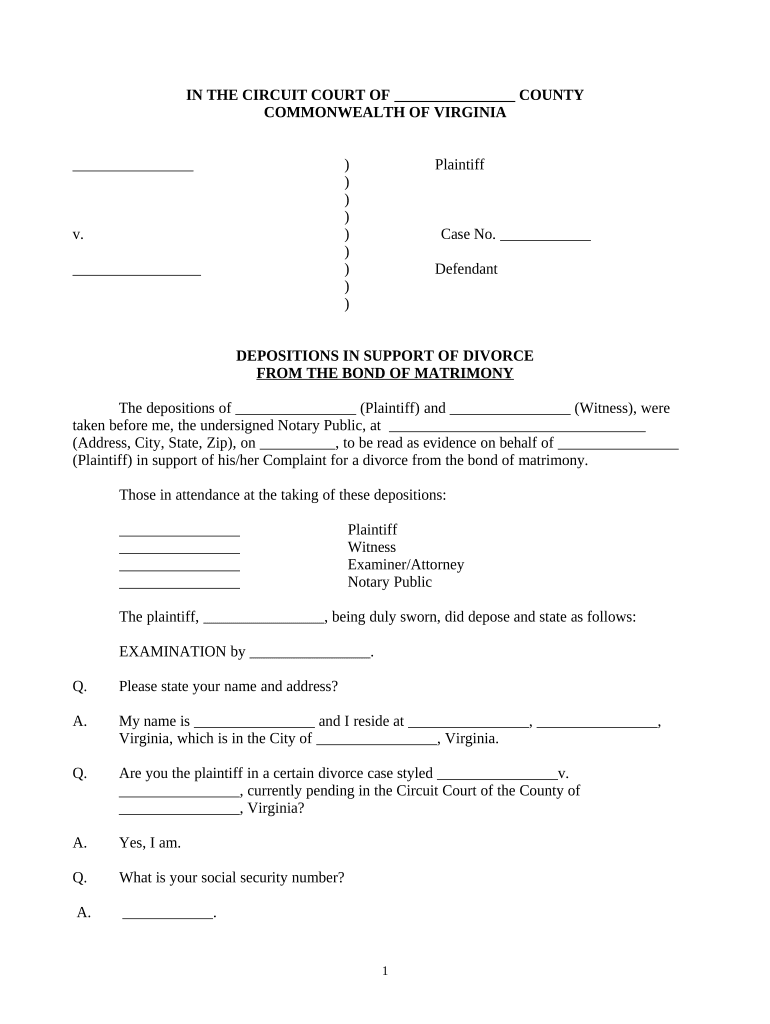 Depositions in Support of Divorce from the Bond of Matrimony - Virginia Preview on Page 1