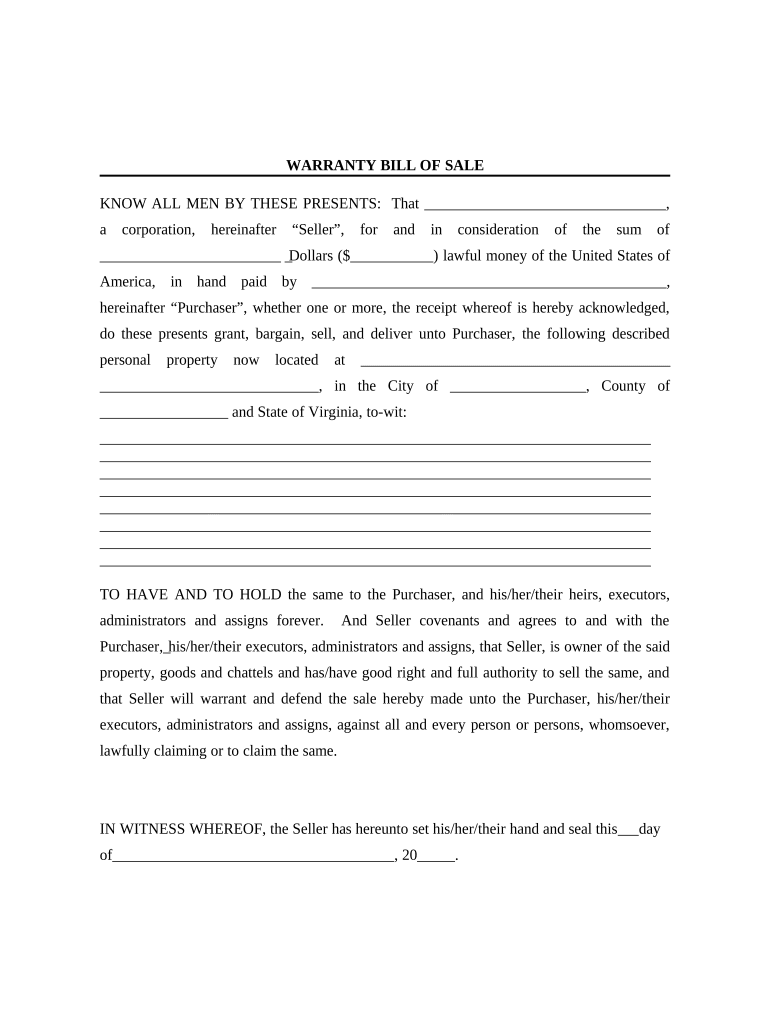 Bill of Sale with Warranty for Corporate Seller - Virginia Preview on Page 1