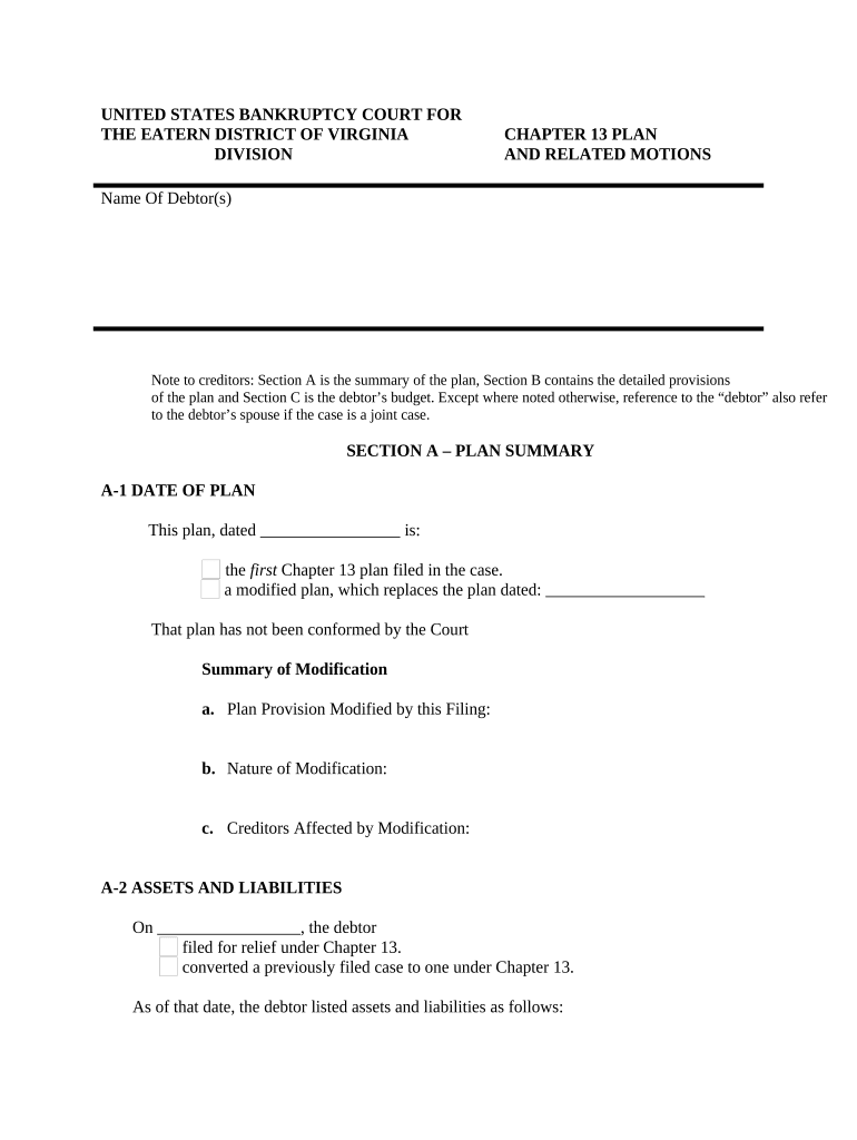 Chapter 13 Plan and Related Motions - Virginia Preview on Page 1.