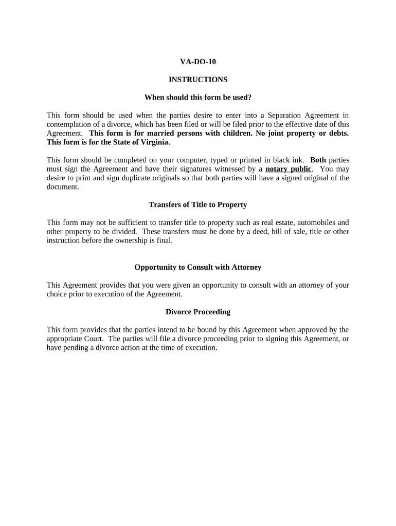 Marital Domestic Separation and Property Settlement Agreement Minor Children no Joint Property or Debts where Divorce Action Filed - Virginia Preview on Page 1.