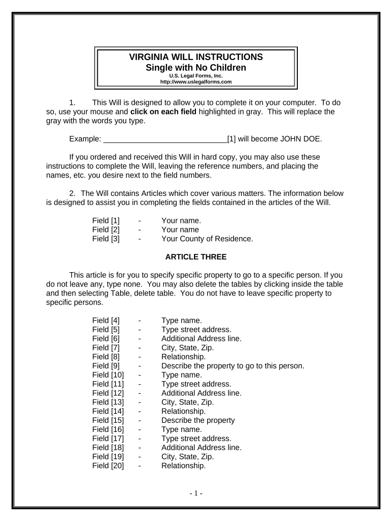 Legal Last Will and Testament Form for Single Person with No Children - Virginia Preview on Page 1