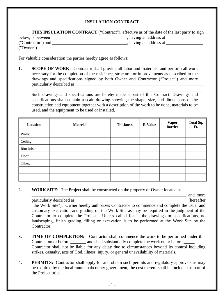 Insulation Contract for Contractor - Vermont Preview on Page 1.