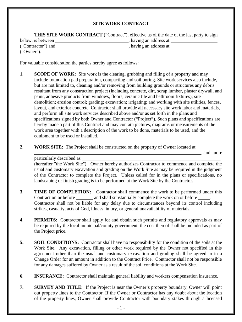 Site Work Contract for Contractor - Vermont Preview on Page 1