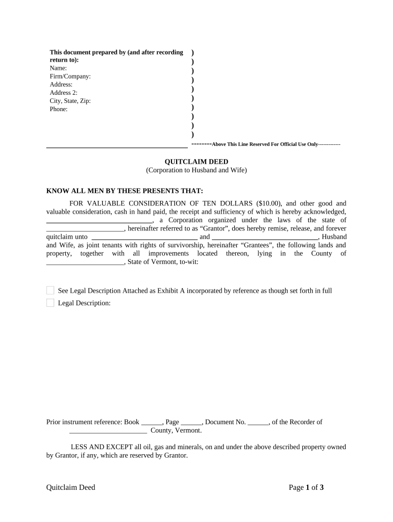 Quitclaim Deed from Corporation to Husband and Wife - Vermont Preview on Page 1