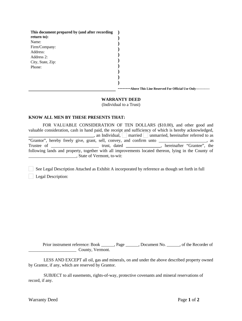 Warranty Deed from Individual to a Trust - Vermont Preview on Page 1.