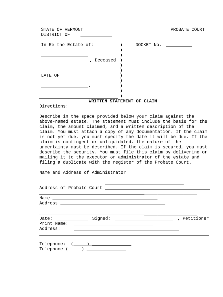 Written Statement of Claim - Vermont Preview on Page 1