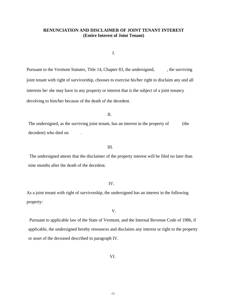 Renunciation And Disclaimer of Joint Tenant or Tenancy Interest - Vermont Preview on Page 1