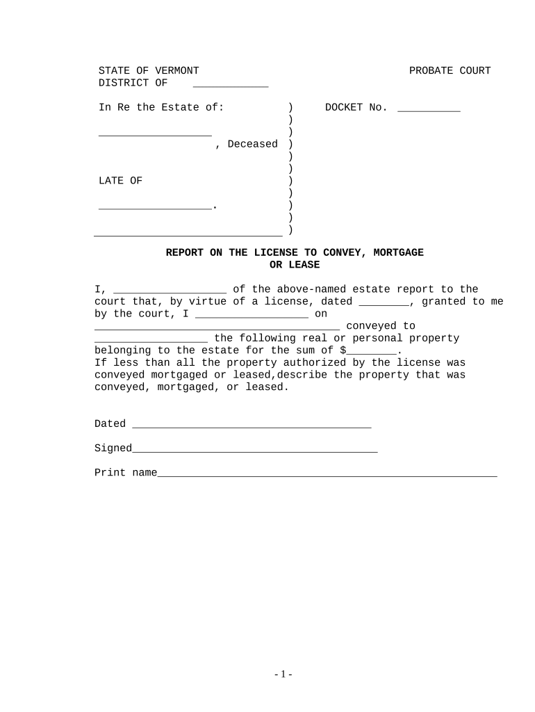 Report on the License to Convey, Mortgage or Lease - Vermont Preview on Page 1.