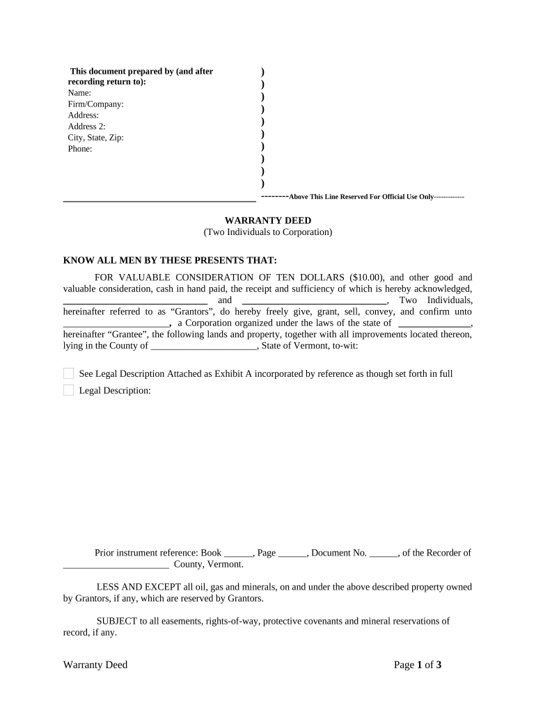 vermont warranty deed Preview on Page 1