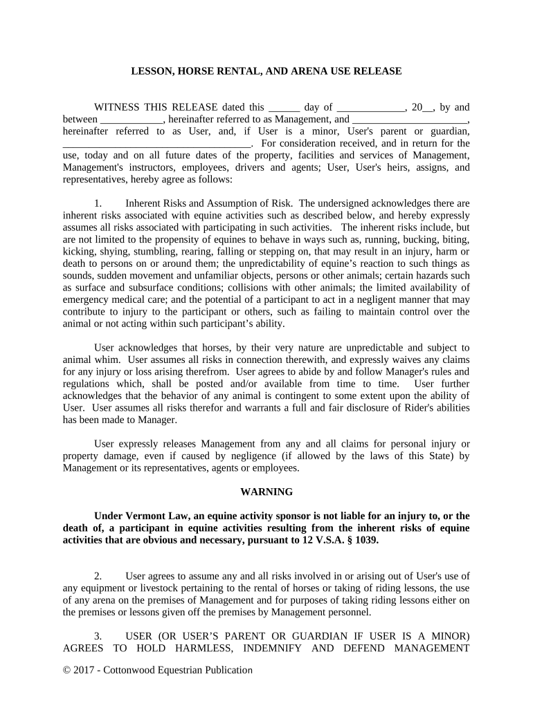 Lesson, Horse Rental or Lease, and Arena Use Release Horse Equine