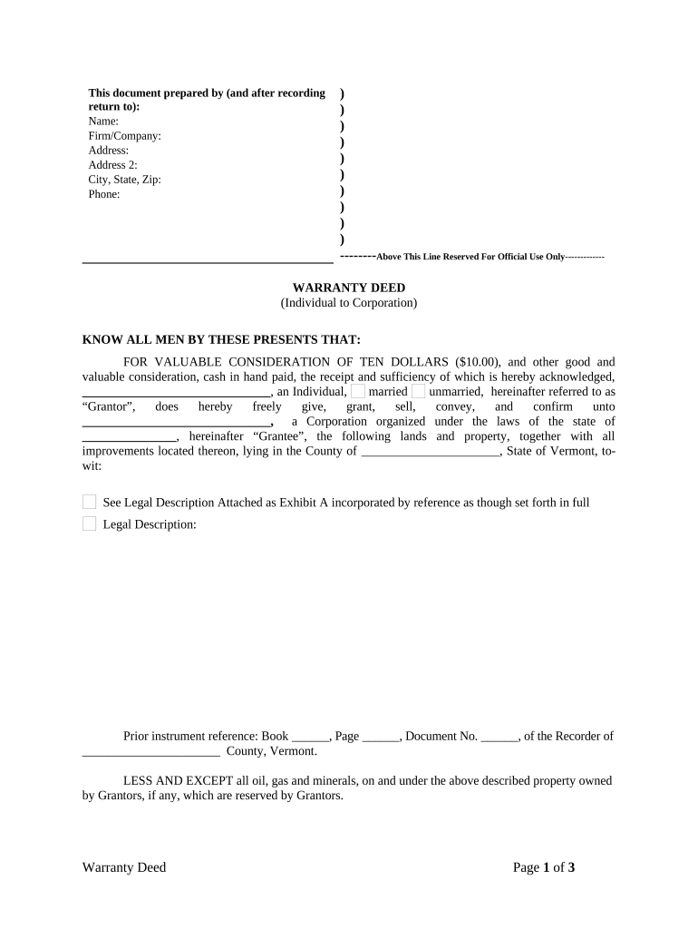 Warranty Deed from Individual to Corporation - Vermont Preview on Page 1