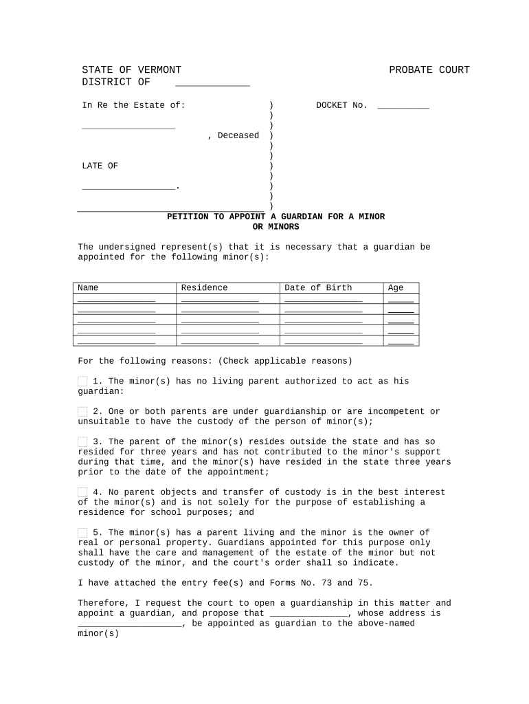 Petition to Appoint a Guardian for a Minor or Minors - Vermont Preview on Page 1