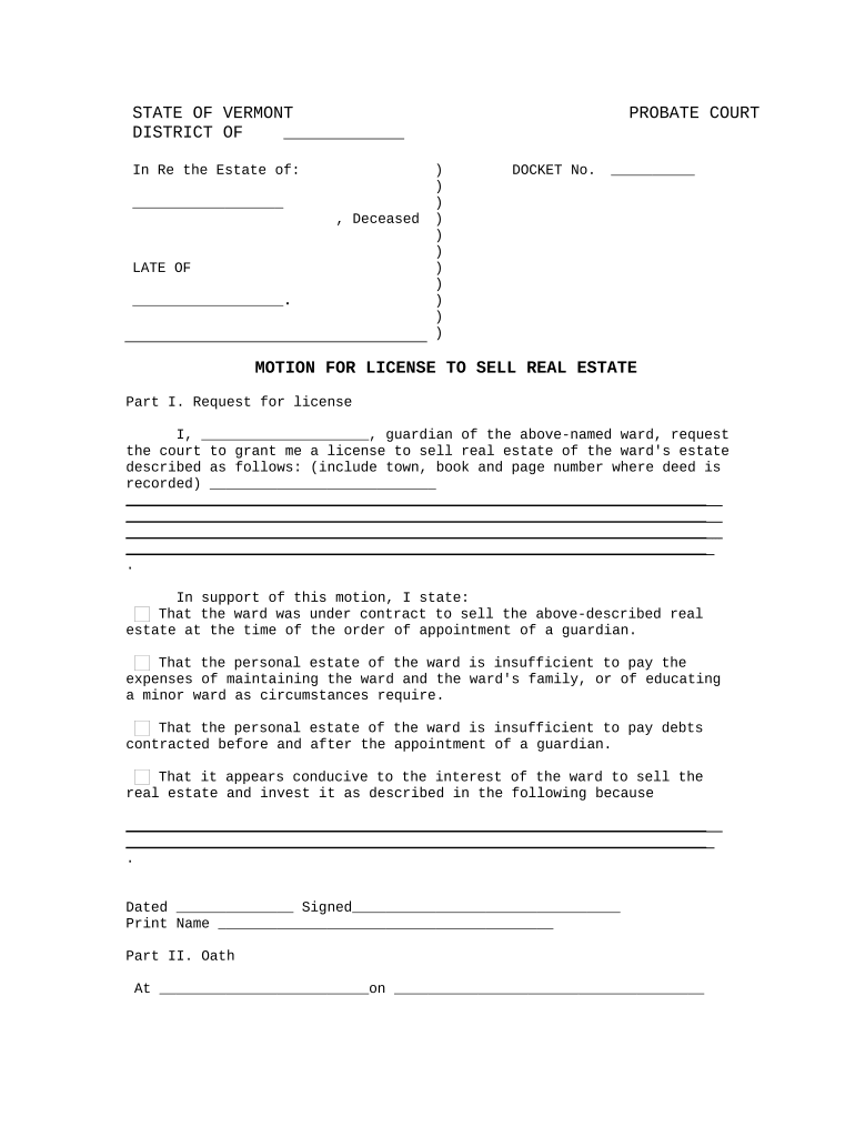 Motion for License to Sell Real Estate Vermont Fill out & sign