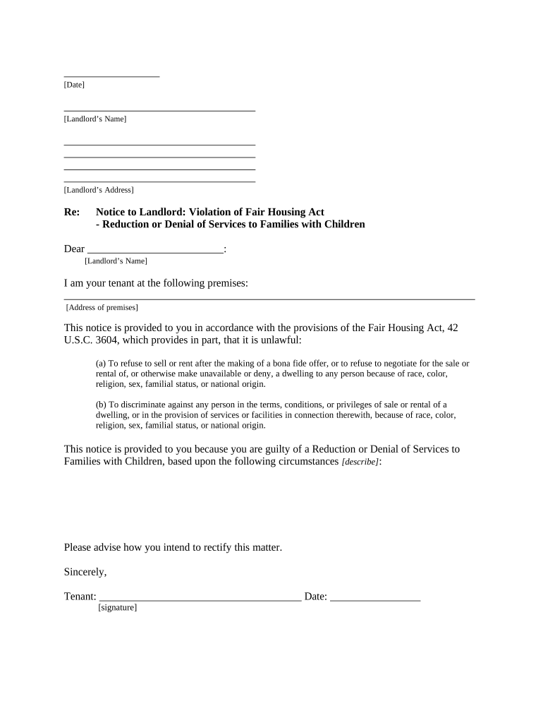 Letter from Tenant to Landlord about Fair Housing Reduction or Denial of services to Family with Children - Vermont Preview on Page 1