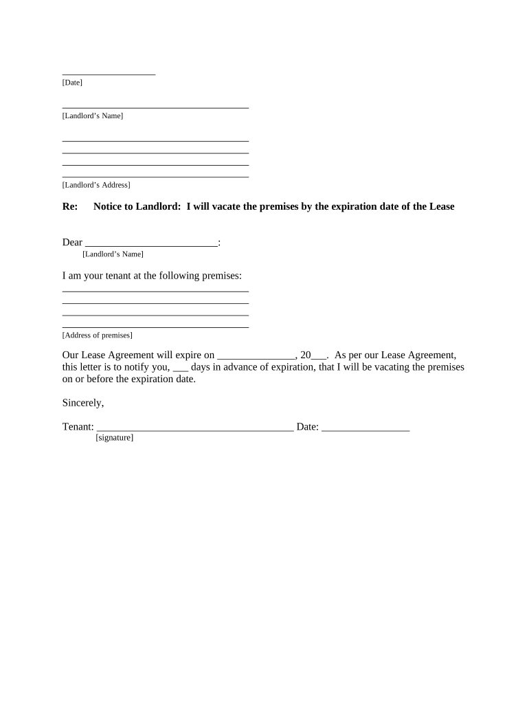 Letter from Tenant to Landlord for 30 day notice to landlord that tenant will vacate premises on or prior to expiration of lease - Vermont Preview on Page 1