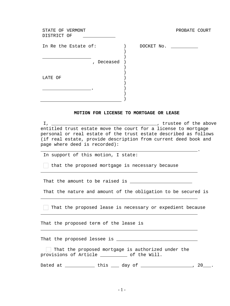 Motion for License to Mortgage or Lease - Vermont Preview on Page 1