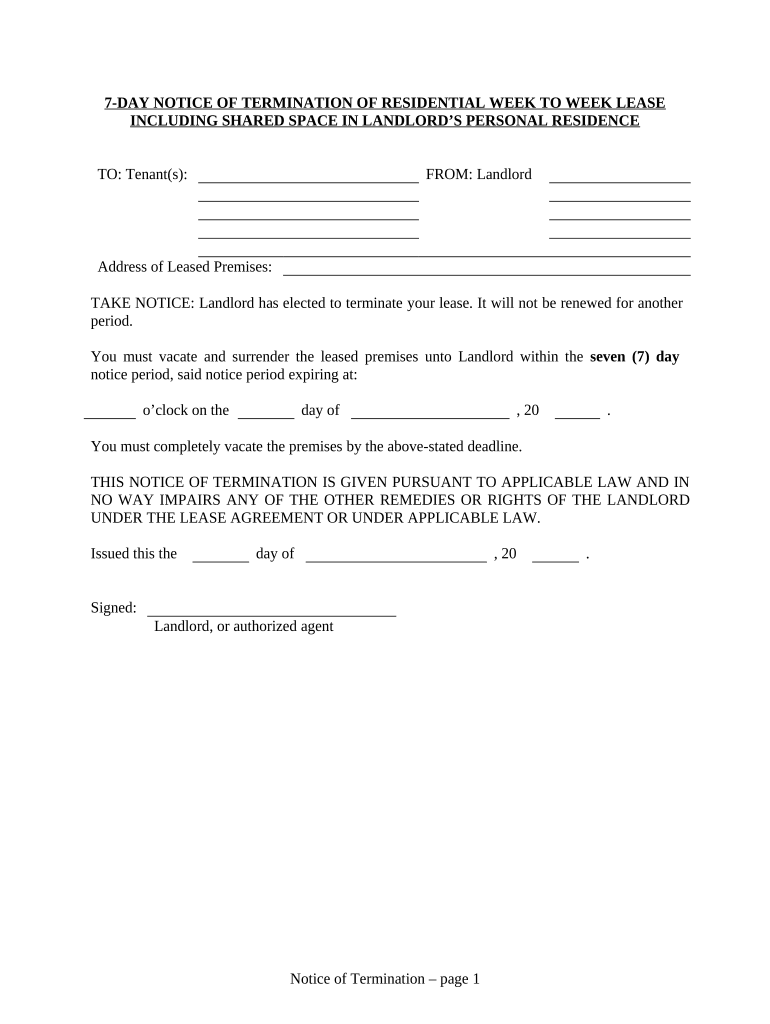 7 Day Notice to Terminate Week to Week Lease Including Shared Space in Landlord's Personal Residence - Residential - Vermont Preview on Page 1