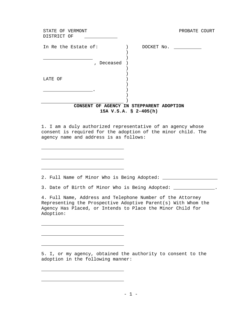 Consent Of Agency In Nonstepparent Adoption - Vermont Preview on Page 1