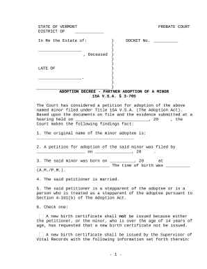 Adoption Decree - Partner Adoption of a Minor - Form 139K - Vermont