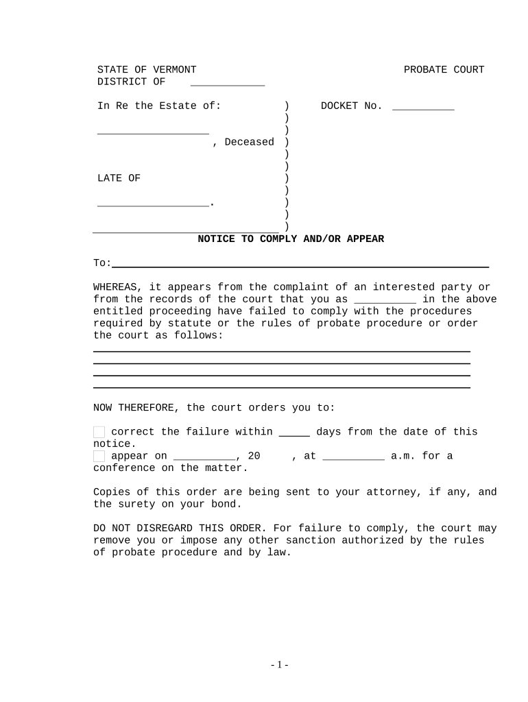 Notice to Comply and or Appear - Vermont Preview on Page 1