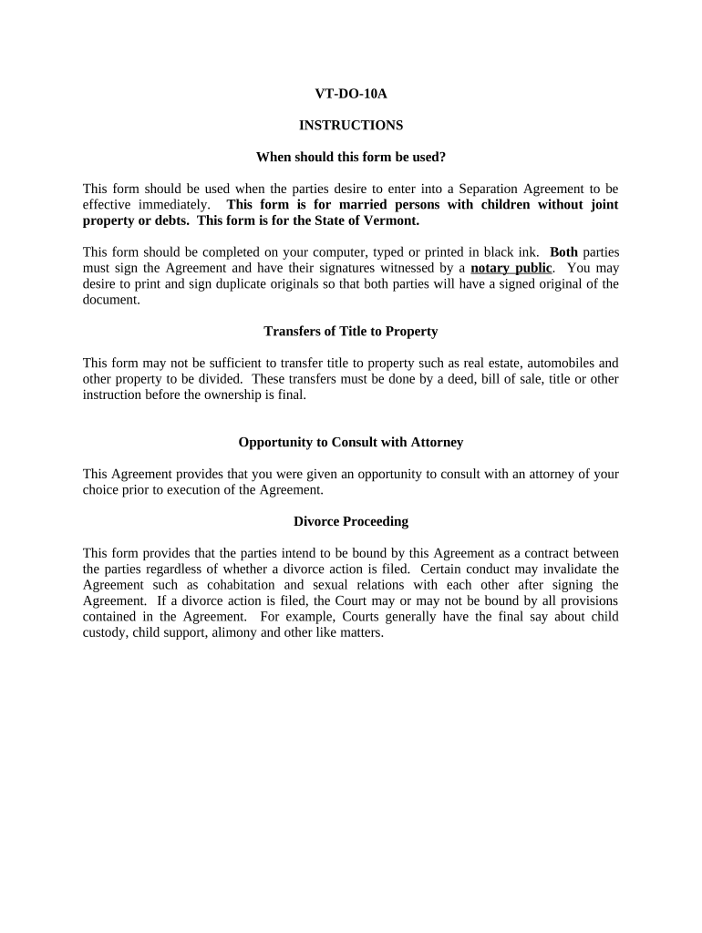 Marital Domestic Separation and Property Settlement Agreement Minor Children no Joint Property or Debts effective Immediately - Vermont Preview on Page 1