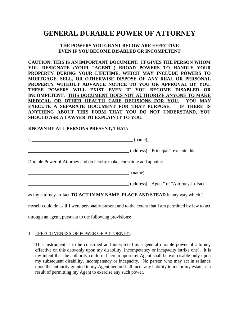 General Durable Power of Attorney for Property and Finances or Financial Effective upon Disability - Vermont Preview on Page 1